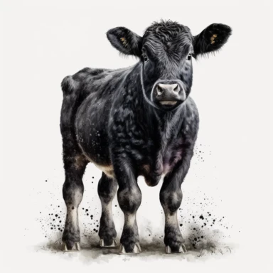 detailed watercolour 4k cute full black only black cow old adult big cow full body clipart white background