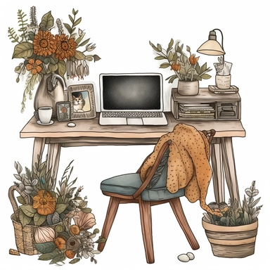 cozy boho desk, inside border clipart