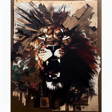 The art piece is a mixed media collage on a wood panel. It measures approximately 24 inches by 36 inches and has a rugged, masculine feel. The background of the panel is a deep, dark brown color, and the central focus of the piece is a bold, abstract depiction of a roaring lion's head. The lion's head is created using a combination of magazine clippings, paint, and other materials, giving it a textured, multi-dimensional look. The lion's eyes are piercing and seem to gaze out at the viewer, givi