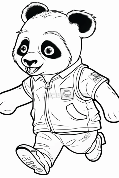 coloring book page for kids, cute little running panda bear in human costume, clipart, cartoon children's stylehand drawn line art, black and white, no background