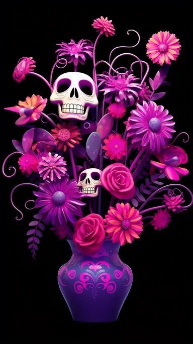 create a funny flowers bouquet, magenta and purple petals, as Halloween, bright green stem, black background, tiny purple bats flying around the flowers, and some tiny funny Catrina skulls for Halloween over emery flower, clipart,