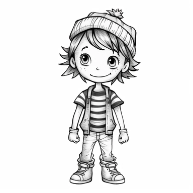 boy doll style smiling, thin black contour lines, arms crossed, jeans, sneakers, striped hat, tousled hair, cartoon clipart, cute eyes, illustration for children, disney