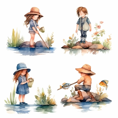 Watercolor boho fishing near a beautiful stream, illustrations clipart set, simple, soft colors, cartoon elements, different variants, cute little boy and girl fishing, separate elements with a margin