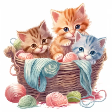 Playful kittens in various poses, such as playing with yarn, chasing butterflies, or napping in a cozy basket clipart