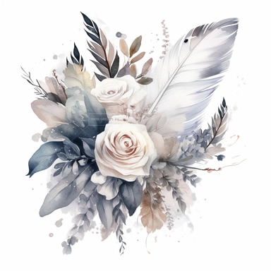 Watercolor dusty greay and white feathers bouquet clipart white background no text wedding style thick outline eligible for transparent background