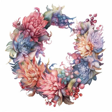 wreath of chrysanthemum light watercolor clipart, centered, isolated on white background, James Jean and Peter Mohrbacher