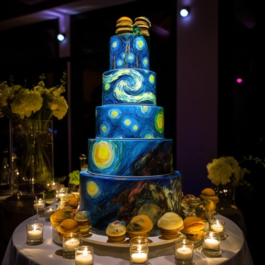 Interactive Van Gogh style cake, 5-tier, spherical design, each tier representing a celestial body in the couple's unique layer, hand-painted with edible luminescent colors, creating an ethereal glow in dim lighting, a motorized, food-safe mechanism enabling the tiers to rotate slowly, decorated with sugar constellations depicting the couple's love story, an embedded touchscreen interface allowing guests to explore the cake's design, and a built-in, synchronized light and sound show that activat