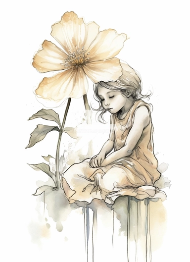 a single spring flower, in the style of magali villeneuve, jon j muth, carl larsson, dreamy world, closest to watercolor illustrations, soft color palette with ligh beige and gray, children's illustrations, solid white background, clipart