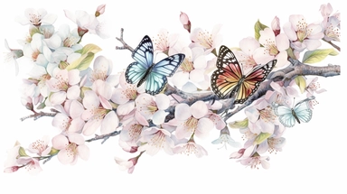 clip art Watercolor art of a cherry blossom branches, butterflies, with soft pastel hues, illustration in the style of Ayami Kojima and J.C. Leyendecker, pixiv, high quality, highly detailed,on white background