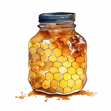 watercolor, A honey bottle with a label featuring a honeycomb pattern, highlighting the origin and authenticity of the golden honey inside. (Digital drawing clipart, image black border color, full body, flat texture, transparent background)