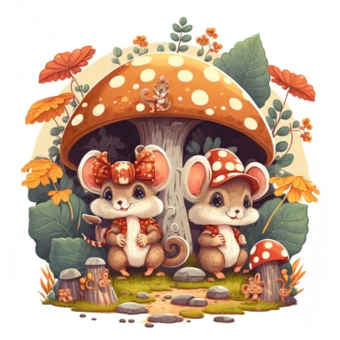 ccute little smiling mice in human costume, in Fantasy forest, sitting and playing on forest floor with big mushrooms surrounded by flowers, sunny clearing in background, clipart, cartoon kids style, sharp graphic vector art illustration, warm colors, very high details, 8k, white background