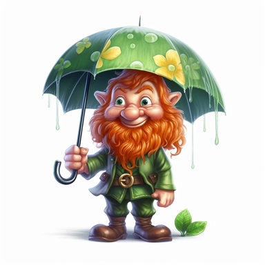 Cute Adorable magical little Leprechaun with a red beard holds laterally a huge umbrella in his hand wears a raincape and stand in the rain on a country road, correct umbrella, clipart, photorealistic illustration, high detail, 8k polished, 8k, vibrant colors, white background, sticker