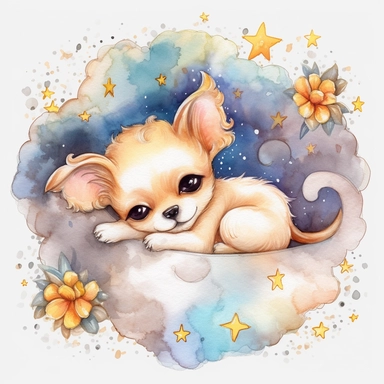 watercolor Cute big eyes puppy sleeps on crescent moon bed Surrounded by twinkling stars, sweet dreams vividly bold designs png realistic cartoon in 32K UHD cute. 15 cm thick outline. There was no shadow on the ground. 8k with realistic watercolors. and detailed illustrations. PNG clipart , transparent white background