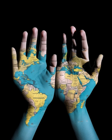 An award-winning, ultra-high definition mind-bending, unusual, creative photograph bearing a film-clip feel of two hands with the map of the world projected on them. Nikon Z7, Nikon NIKKOR Z 24-70mm f/2.8 S, f/4.5, 400. Award-winning photograph, cinematic lighting, volumetric lighting, extremely detailed, ultra-detailed, ultra-sharp, insane details, intricate details, film grain, color grading, unreal engine, octane render, intricate colors, ultra-photorealistic, epic games, octane render, cryen