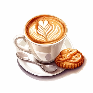 Isometric illumination of commercial shot of ultra - realistic watercolor painting of a really delicious coffee with a biscuit, latte art heart clipart, good looking food, delicious, yummy, foodie, healthy, white background no text, isolated on white, watercolor illustration, award winning, strong and sharp lines, upscale