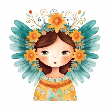 the folk art image shows a colorful flower angel, in the style of aquamarine and amber, chic illustrations, i can't believe how beautiful this is, aztec art, aquarellist, charming characters, symbolist creations, clipart style, shabby-chic