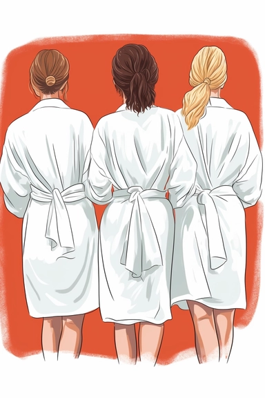back of bride and bridesmaids on their bathrobe, very happy, clipart, cartoon style