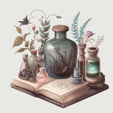 Luz academia, old wooden shelf, potion bottle, bottle, grass, diary, glass with brushes, snail fossil, candle, vase, pink and white peonies, pink, white, light blue, purple, pastel colors,clipart on a white background, an illustration of by Annabel Kidston, shutterstock contest winner, generative art, detailed painting, digital illustration, photoillustration isolated on white background, digital watercolor