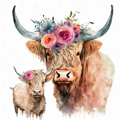 Watercolor clipart delight: highland cow and calf adorned with hats, scarves, and roses. Serene love and joy. HD quality, isolated on white. No text. Resolution: