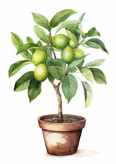 little watercolor avocado tree growing in mediterranean pot clipart on white background