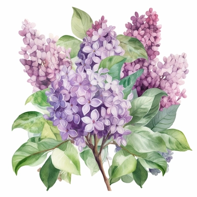 big lilac bushes with many green leaves and purple lilac flowers, lush, watercolor clipart, bright colors, isolated white background, 8k