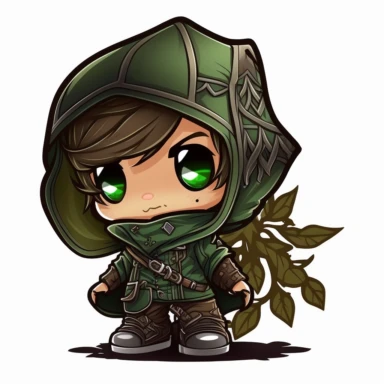 chibi male hooded hunter wearing green leather, dungrons and dragons, clipart