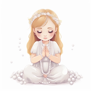 little girl first holy communion, girl kneeling with holy beads in hand and hands in a praying gesture clipart vector white background