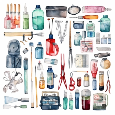watercolor doctor related scenes and medical devices or tools , illustrations clipart set, simple, , cartoon elements ,different variants , glucometer, insulin syringe, nurse, doctor, stethtescope, weighing scale, tweezers, microscope, saline bag, thermometergauze, rubber gloves, pills, medical chair, hot water bag, scalpel, otoscope, first aid kit, pills, ambulance, , separate elements with a margin, ,4k, high resolution