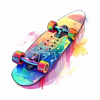 watercolor clipart realistic A stylized skateboard with colorful wheels and unique designs on the deck