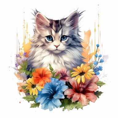 Beautiful colorful full body kitten on flowers, summer vibes, hand drawing digital art, clean design, sublimation, colorful, watercolor style, white background, 4K, extremely detailed, clipart