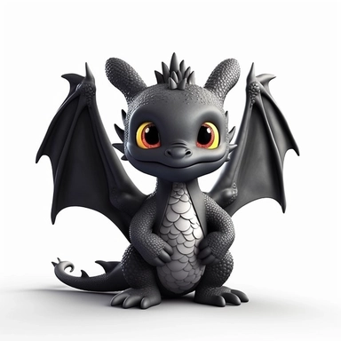 cute baby dragon with wings, black, clipart, 3D, toy, pure white background