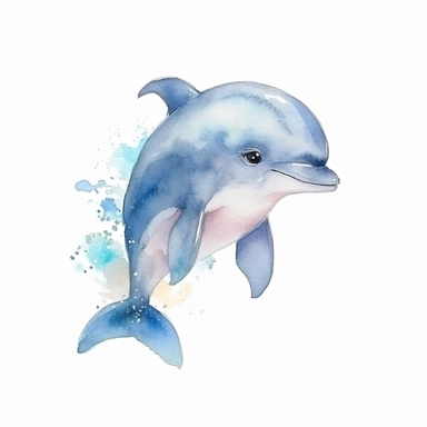 a dreamy baby dolphin with kind eyes clipart with watercolor illustration,full body shot,8k,etsy style, white background