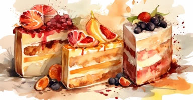 water color clipart some slices of cake with cheese and fruit tucked in, in the style of layered gestures, red and brown, multilayered, intense close-ups, bloomcore, ferrania p30, magewave