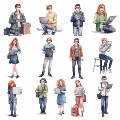 watercolor, Set of professional journalists, copywriters, content managers, and bloggers with laptops, pencils, and books. Concept of computer work, text typing, posting. Cartoon on white background png Full body realistic cartoon in 32K UHD cute. 15 cm thick outline. Black color. There was no shadow on the ground. 8k with realistic watercolors and detailed illustrations. PNG clipart, transparent white background