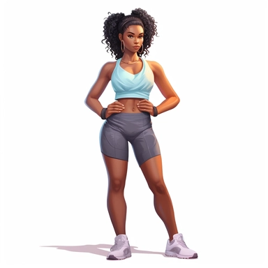 black girl, fasion pose, fitness, gym, weight in hand, gym clothes, fresh, appealing, clipart, 4k