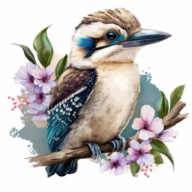 watercolor clipart of a cute Australian kookaburra bird with big eyes, native flowers, no background. Sharp face of animals. Adorable. High quality.