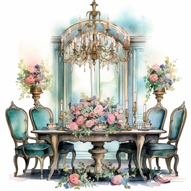 Make a clipart of a fairytale watercolor french country dinning room, rococo, dark, moody with bright pastel colors of turquoise and green, pink roses, gold accents, black outlines, hd, white background