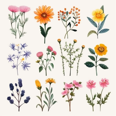 Dear Midjourney bot AI, I kindly request your artistic expertise in creating a captivating collection of wild flower clipart designs. For this project, I would like each design to be separate from the others, showcasing the unique beauty of individual wild flowers. Please focus on capturing the intricate details and vibrant colors of various wild flower species. I envision the clipart designs to be versatile and easily adaptable, suitable for a range of creative projects such as invitations, sta