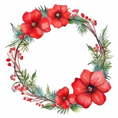 one Christmas round flower frame clipart seamles ornament on a white background, in the style of watercolor landscapes, red and green, no watermark, text, 300 DPI , typography, shapes do not stick together, no text in the picture, on a white background