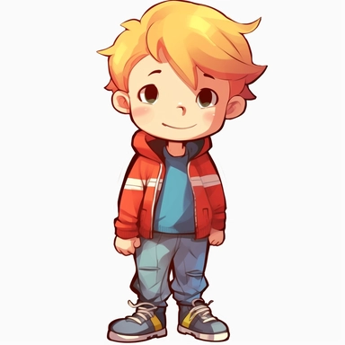 cute little boy, sneaker, cartoon, clipart , denim and red clothes,
