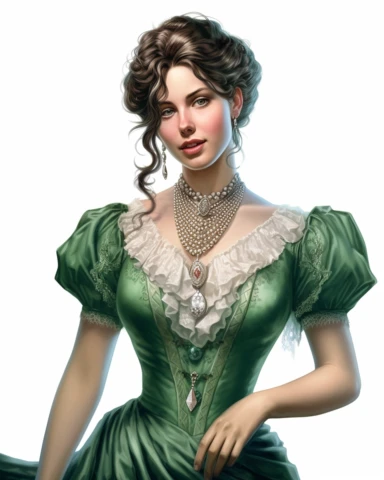 detailed smiling beautiful lady , dressed in a green victorian vintage dress with necklace, hyper realistic, 8k, isolated on white backgorund, clipart