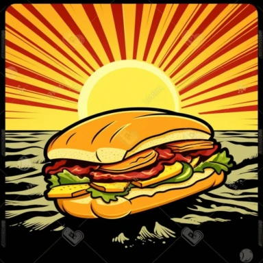 cartoon clipart vector of a sub sandwich running on a beach during sunset