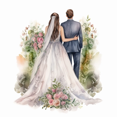 watercolor the middle of the couple New with arms around in the park back view Bridal veil with Roses flowers and leaves adorning her hair. hair up with flowers vividly bold designs png realistic cartoon in 32K UHD cute. 15 cm thick outline. Black color. There was no shadow on the ground. 8k with realistic watercolors. and detailed illustrations. PNG clipart, transparent white background