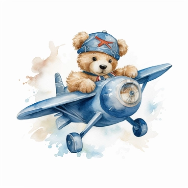 Watercolor Teddy Bear waring blue shirt, flying a toy aeroplane clipart on a white background