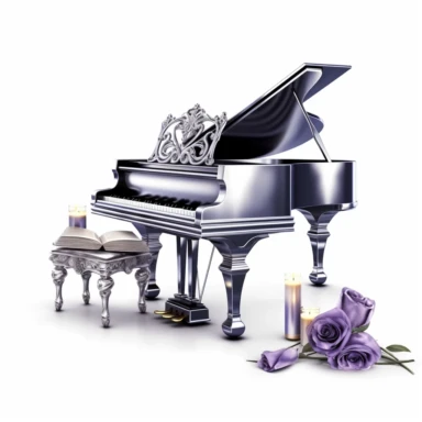 luxury silver piano with a seat, purple roses, music book and luxury candle digital clipart on white background
