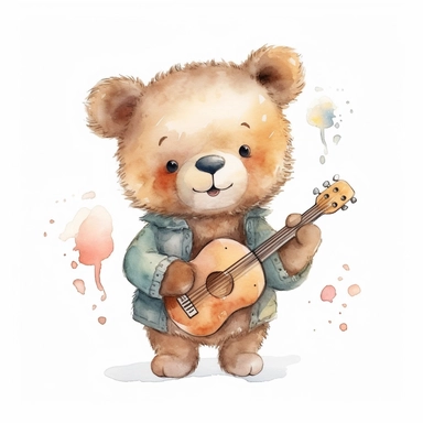 watercolor , character cute singer baby teddy bear, clipart, vector, on white background, 8k