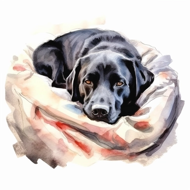 watercolor clipart image, black labrador retriever sleeping in dog bed, white background