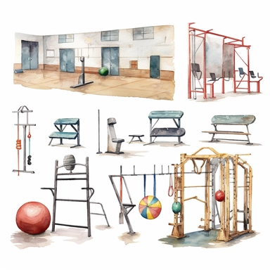 A school gym clipart in the style of watercolor illustrations, white background