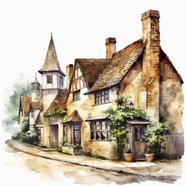 main street of a quaint old english village, white background, clipart, watercolor style--q2--v5.1
