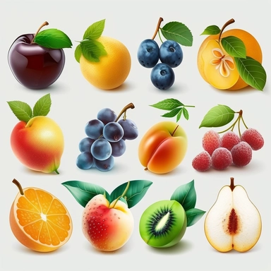 beautiful, 10 fruit stickers collection, clipart design, cartoon, 4k, white background, photo realism